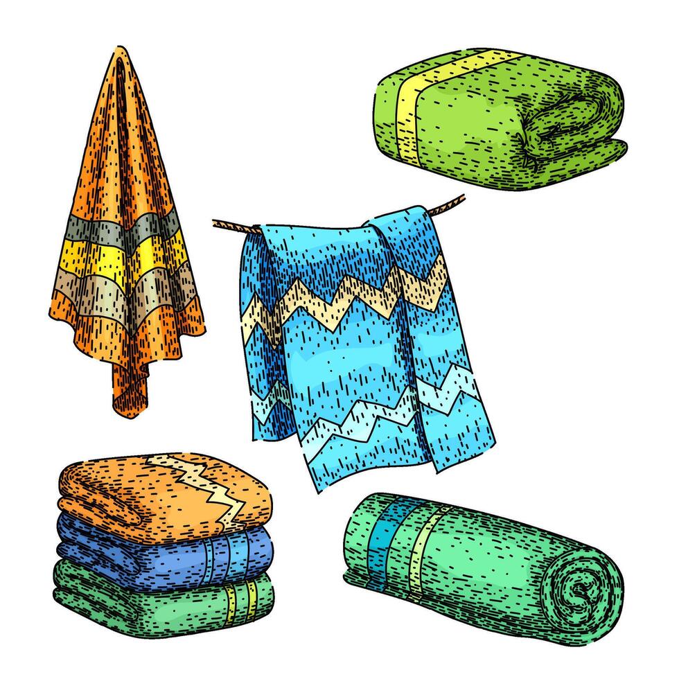beach towel set sketch hand drawn vector