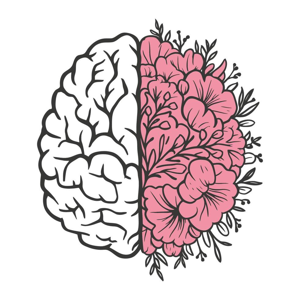 half brain half flowers hand drawn illustration vector