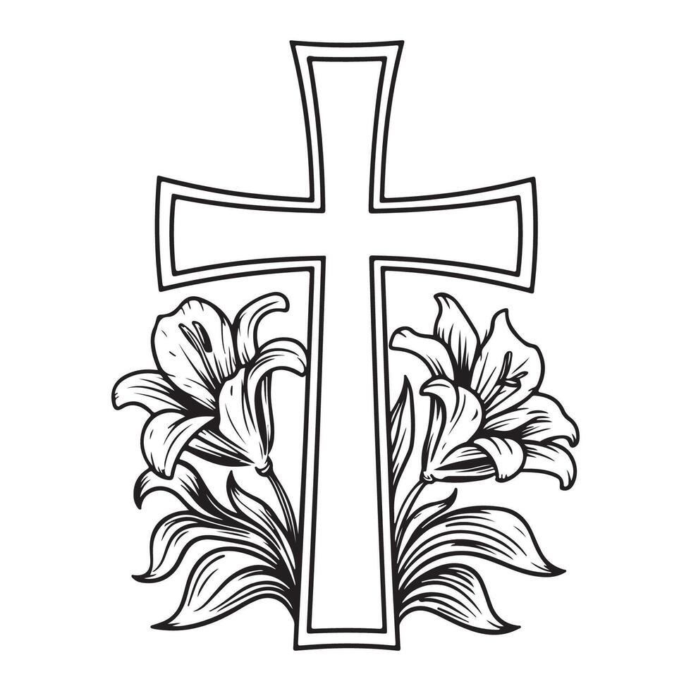 cross with lilies religious illustration vector