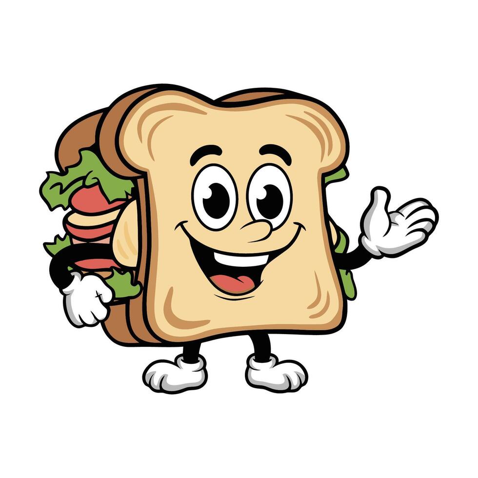 cartoon sandwich character with smiling face and waving hand vector