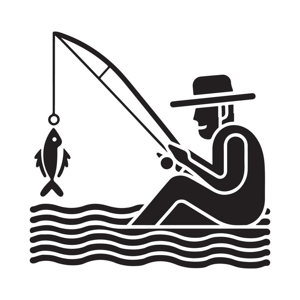 Fisherman Silhouette with Fish and Rod vector