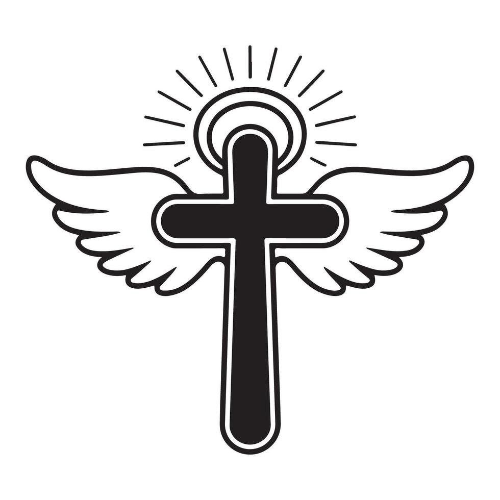 angelic cross with wings and halo illustration vector