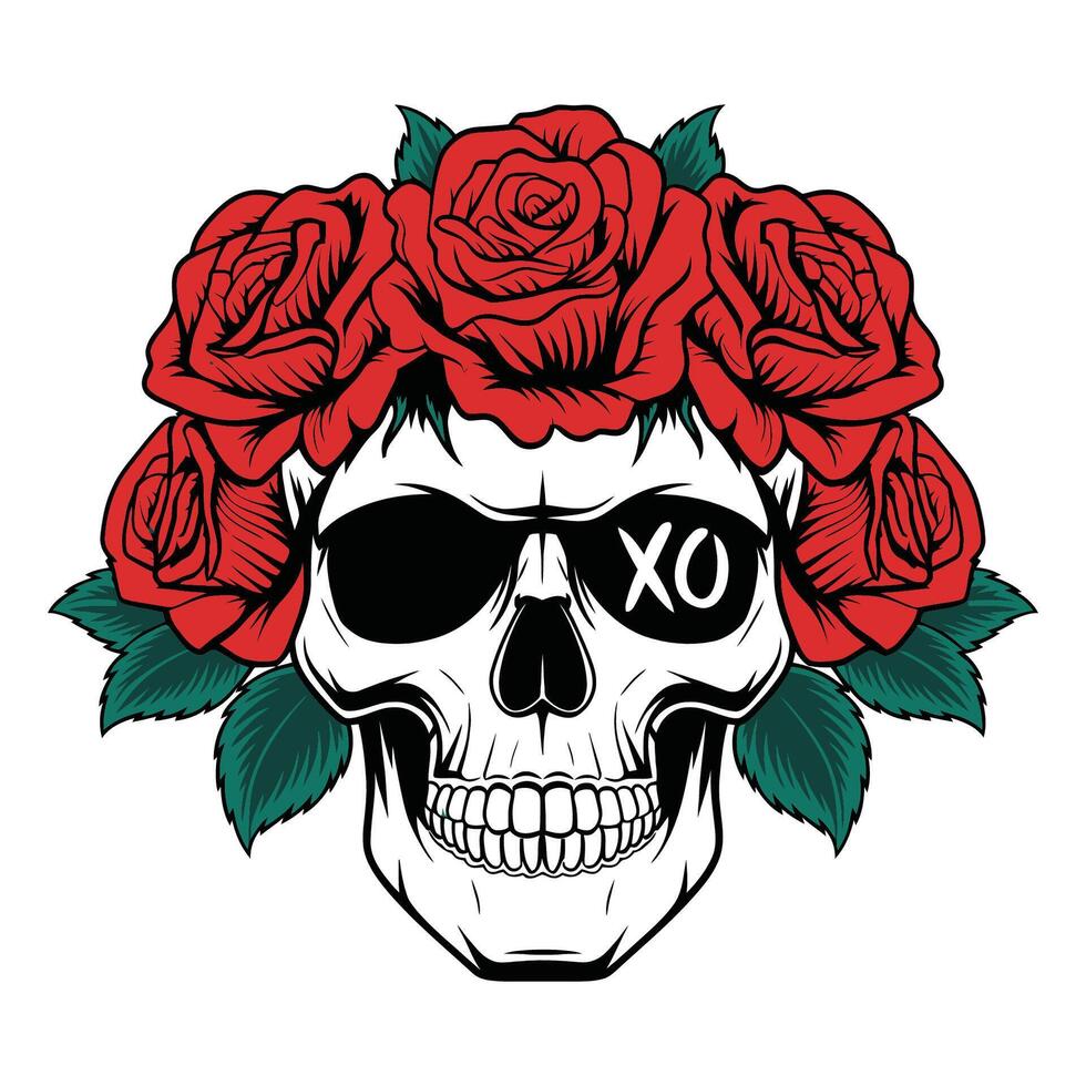 Skull with Red Roses Wreath Illustration vector