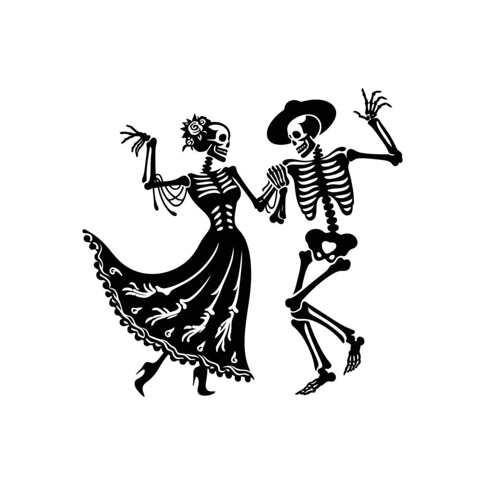 Festive Skeletons Dancing in Traditional Attire Perfect for Dia de los Muertos and Holiday Illustrations vector