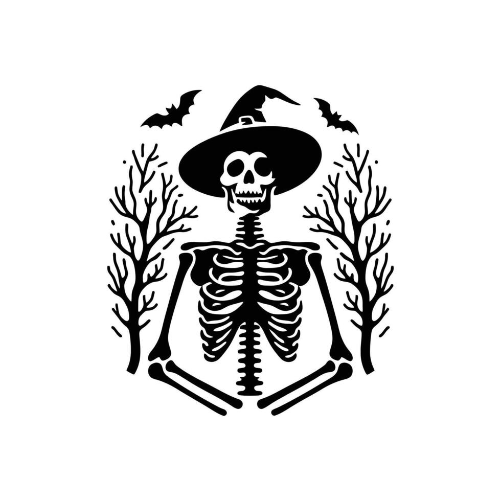 Creepy Halloween Skeleton Silhouette with Twisting Tentacles and Bat vector