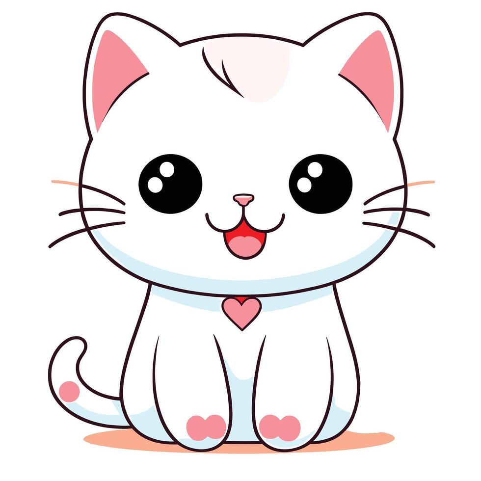 happy cute fun white kitten cartoon smiling character cat with heart on white background vector