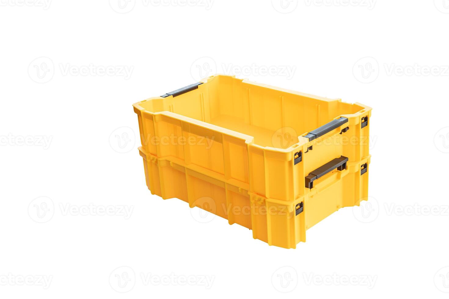 Yellow plastic tool tray or Stacking Containers isolate on white background photo