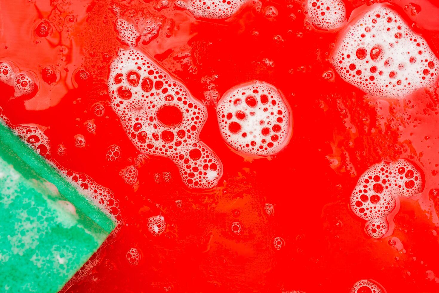 Disinfection of red plastic food tray in fast food. Washing the tray with a sponge and soap. photo