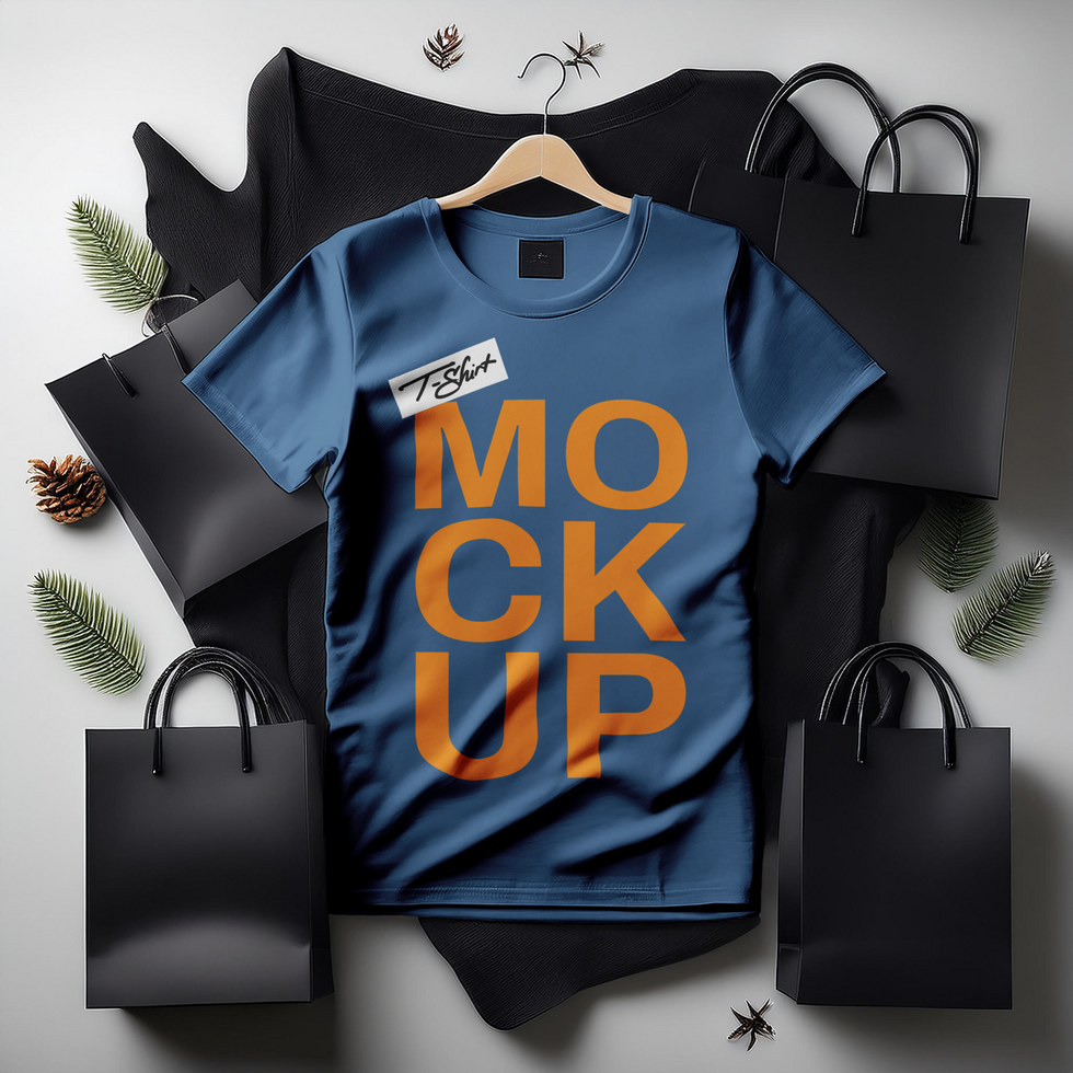 T-shirt mockup with black shoping bag and leaves in gray color elegant background psd