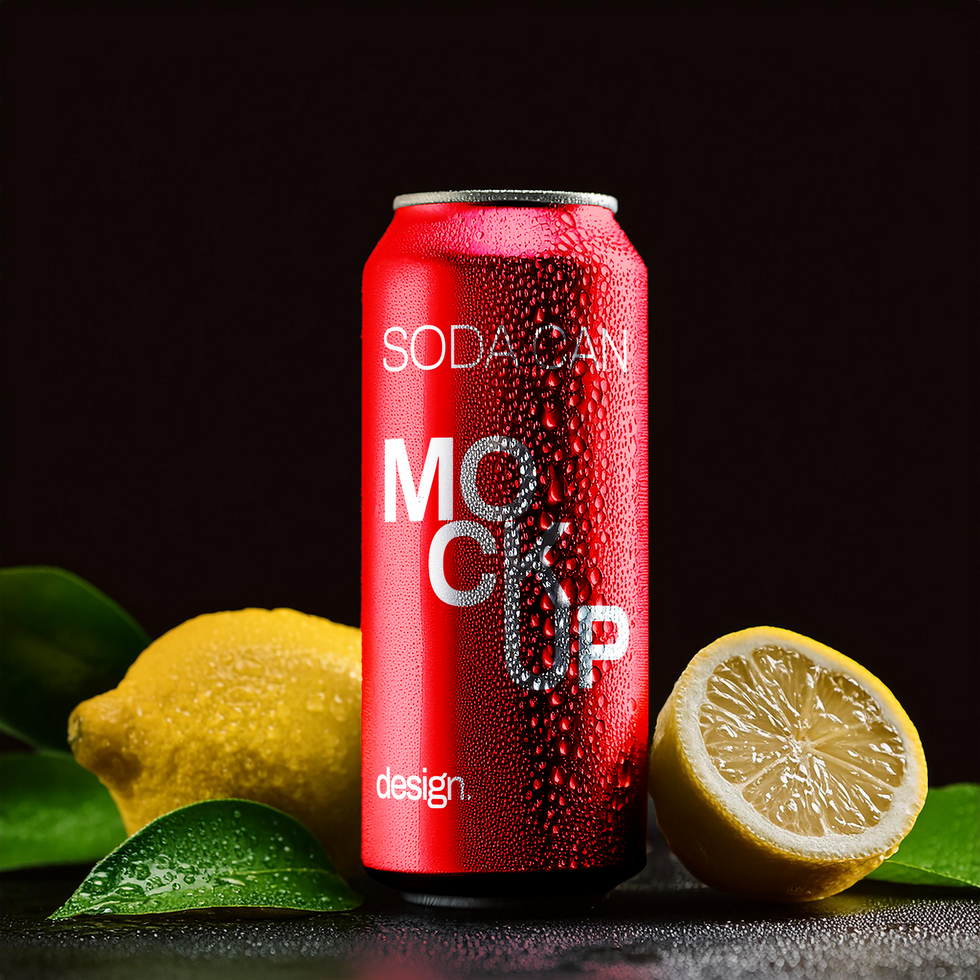 soda can mockup with drops of condensation with lemon elegant background psd