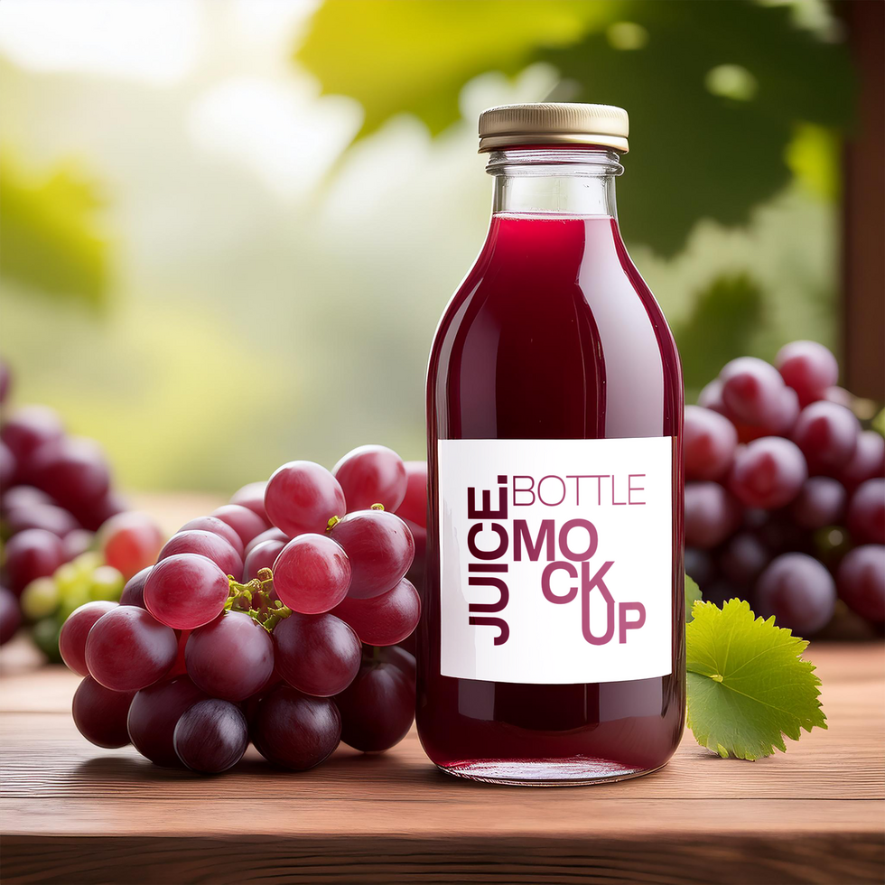 Juice bottle Mockup with grape fruits and leaves surrounded background psd
