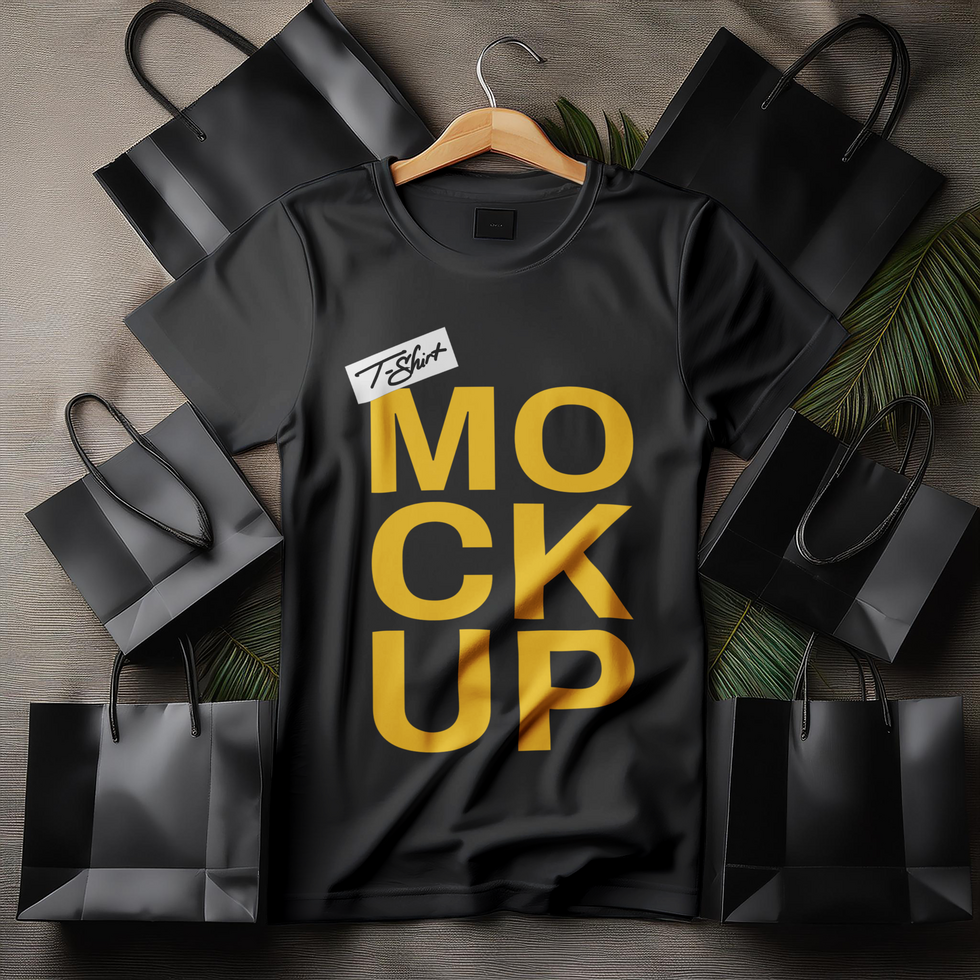 T-shirt mockup with black shoping bag and leaves in gray fabric elegant background psd