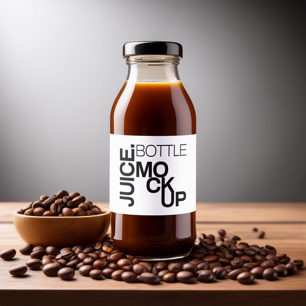 Coffee glass bottle mockup with a bowl off coffee bean on the table psd