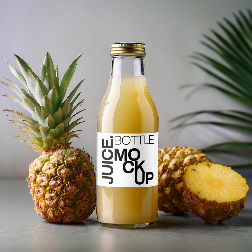 Juice bottle Mockup with pineapple fruits on gray background psd