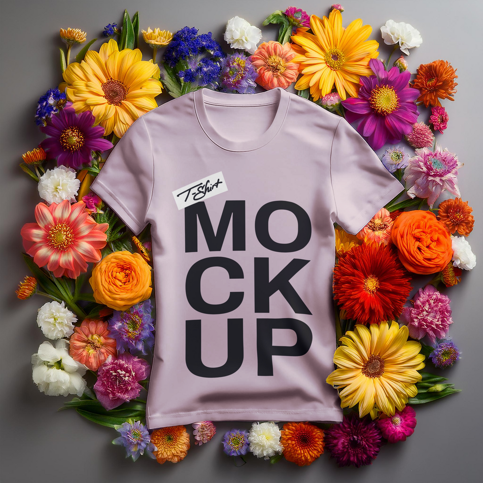 Crewneck T-shirt Mockup with aesthetic colorful flowers on gray elegant background psd