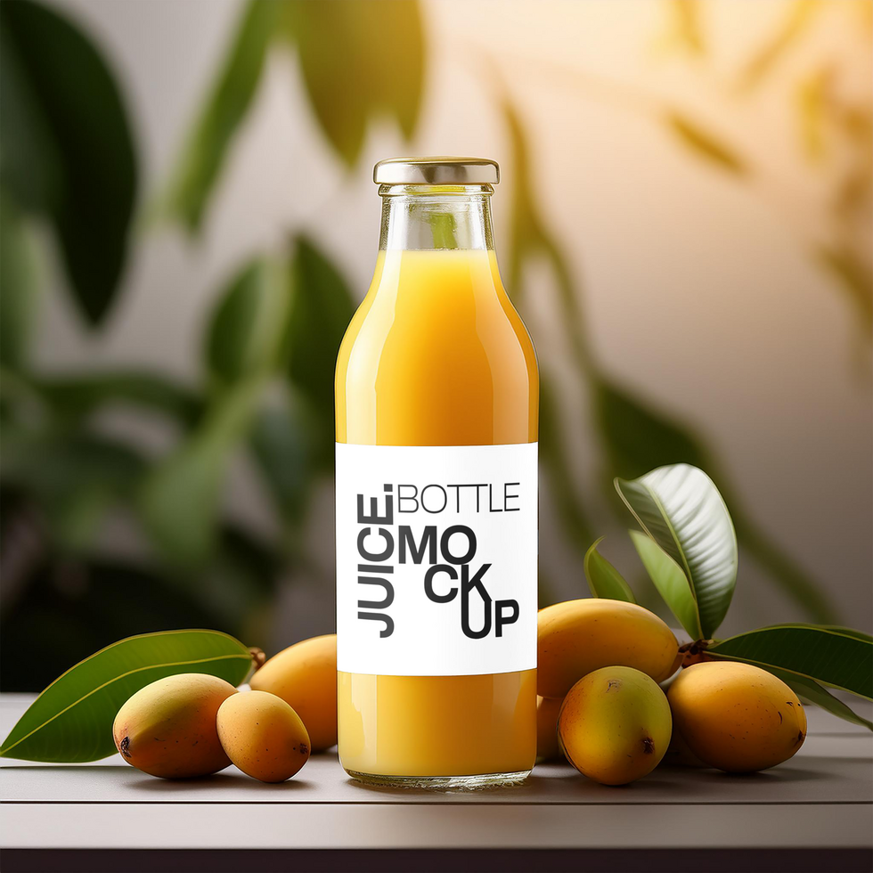 Juice bottle Mockup with mango fruits on tropical background psd