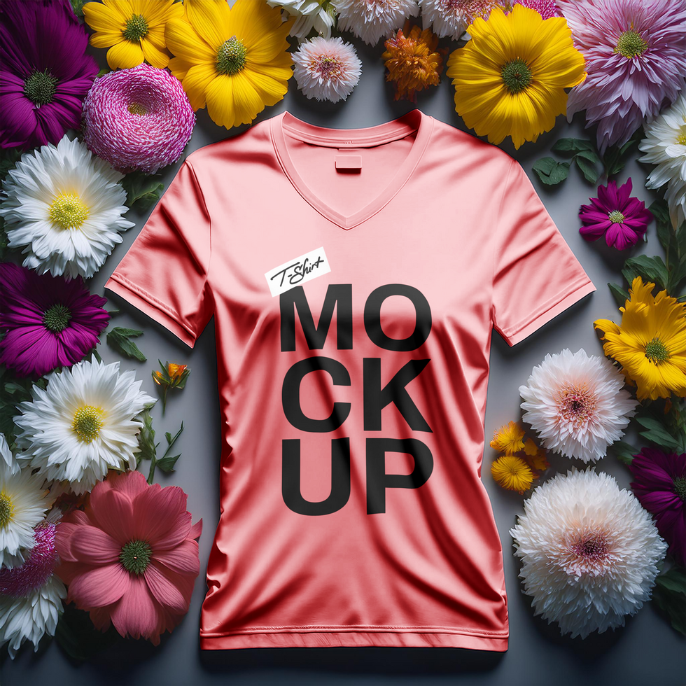 V neck T-shirt Mockup with aesthetic colorful flowers on gray wall background psd