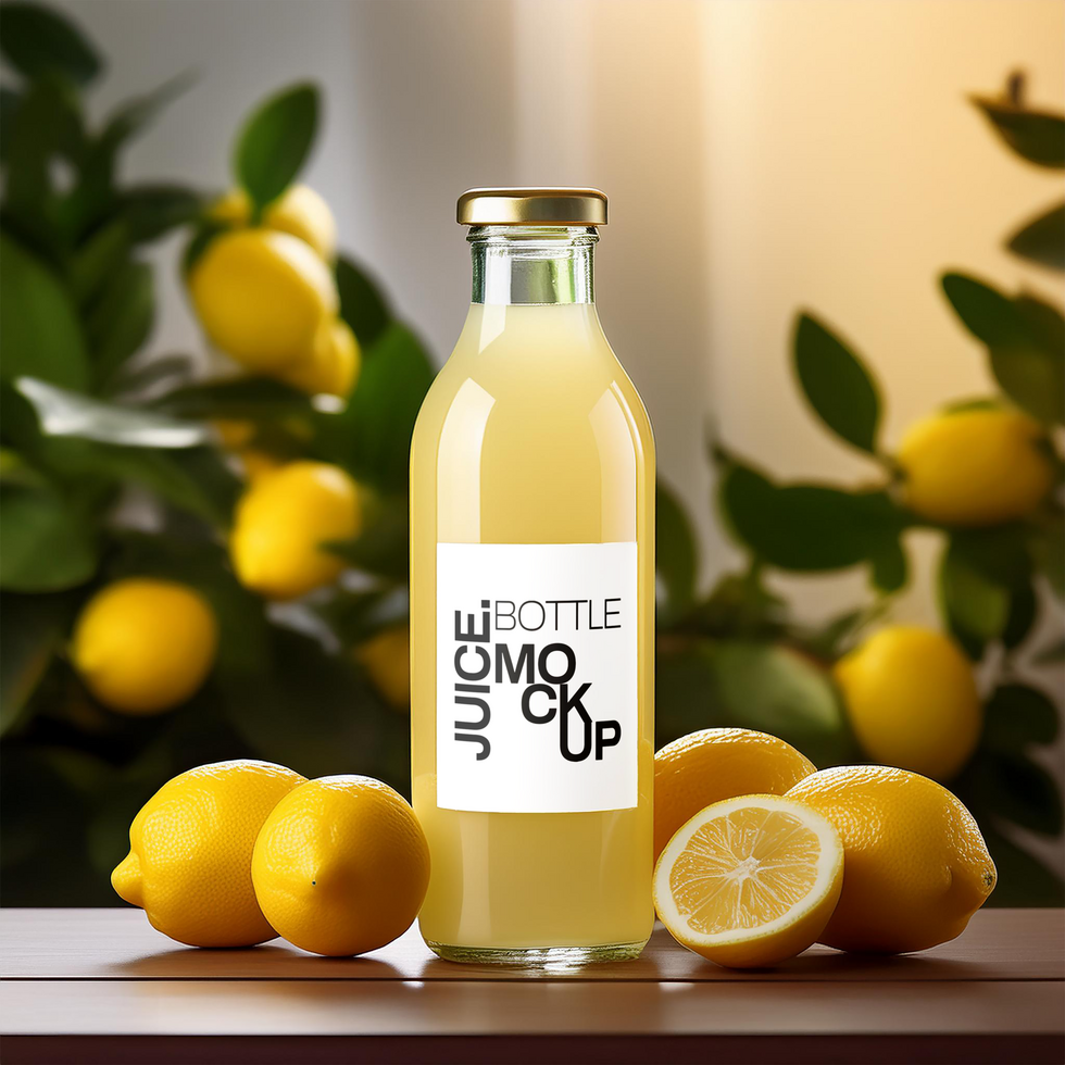 Juice bottle Mockup with lot of lemon fruits background psd