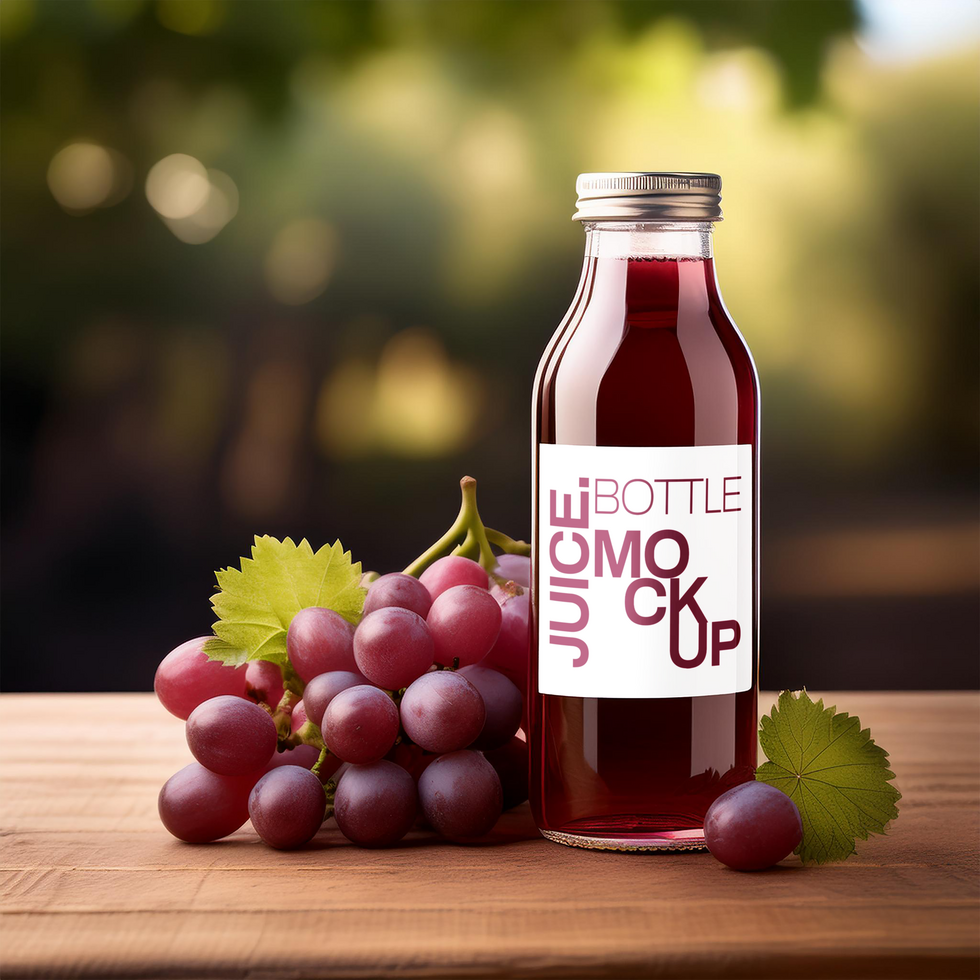Juice bottle Mockup with grape fruits surrounded background psd