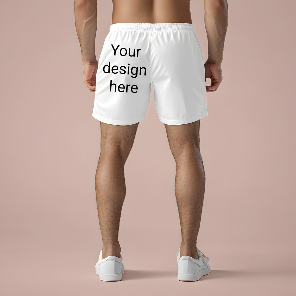 Mockup of white shorts on male model on beige background. Back view psd