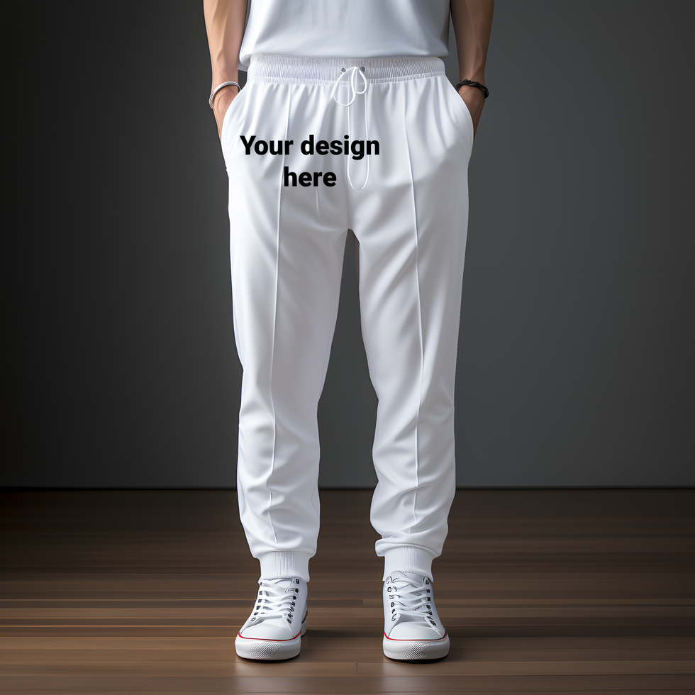 A man wearing white sweatpants with the text your design here psd
