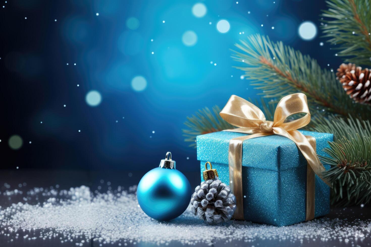 Christmas and new year background decoration with gift boxes and pine branches on the blue background of bokeh garlands photo