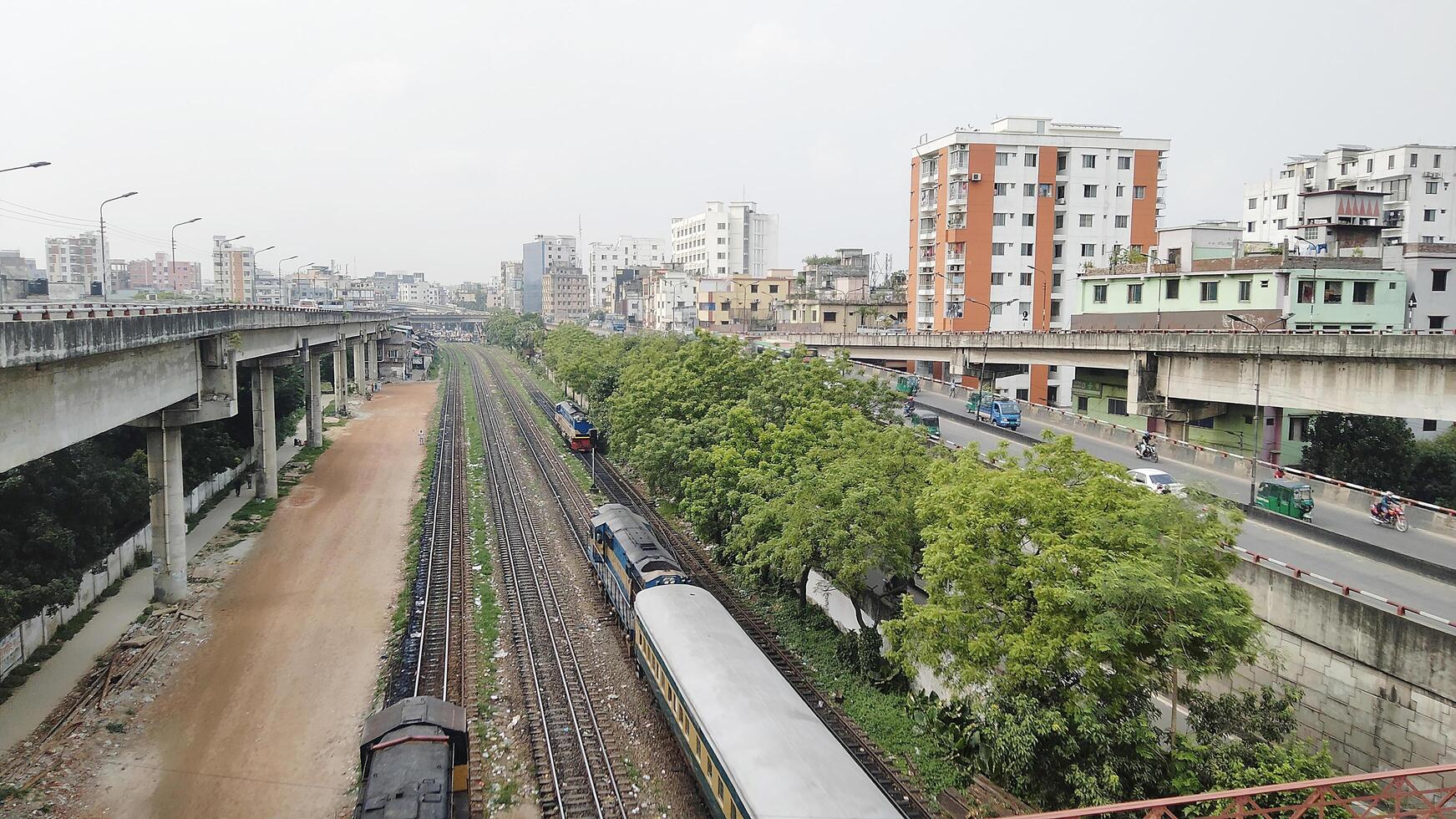 Surface level of railway tracks along green plants photo
