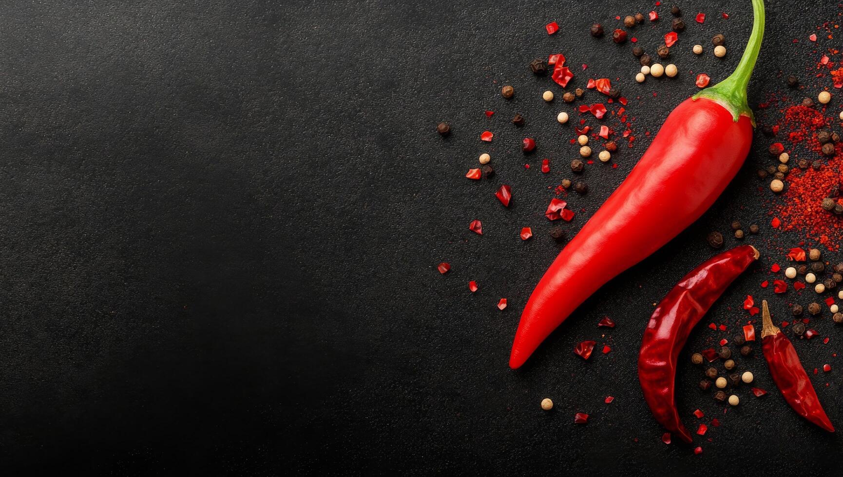 Fresh red chilies with assorted spices on a dark rustic background photo