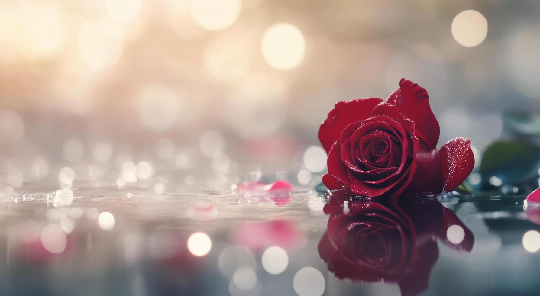 Red rose resting on a wet surface with bokeh background in soft, natural light photo
