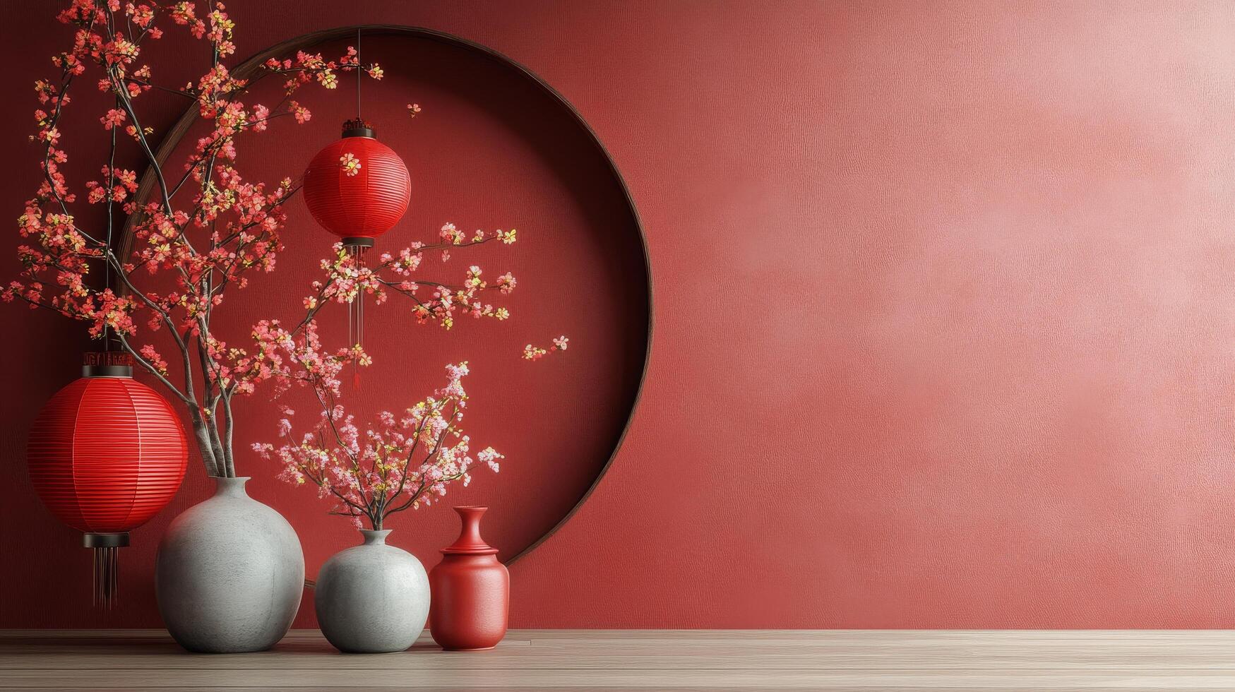 Red wall decor with vases and cherry blossom branches in a cozy setting photo