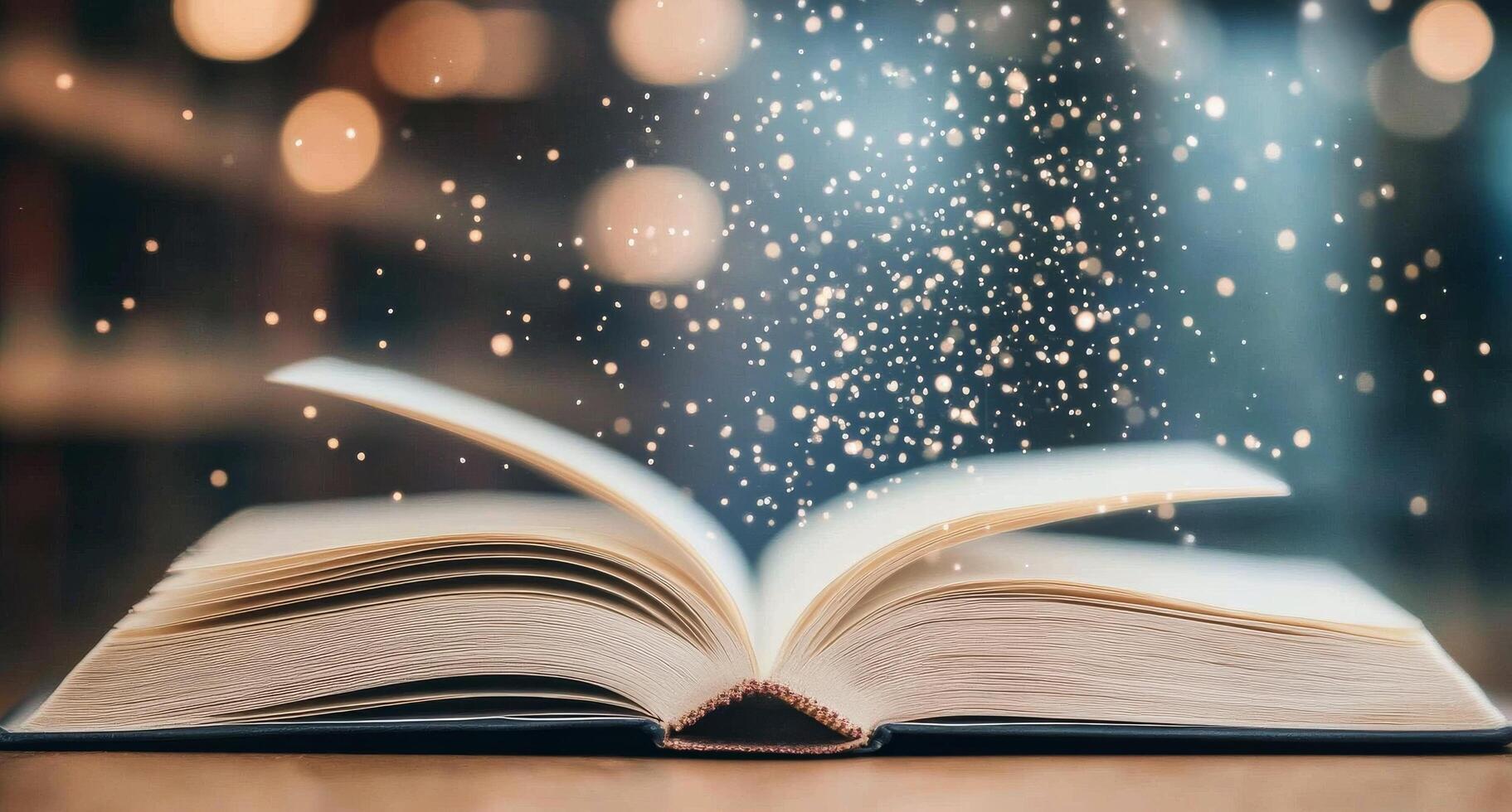 Open book resting on a wooden table in a cozy cafe with blurred lights photo