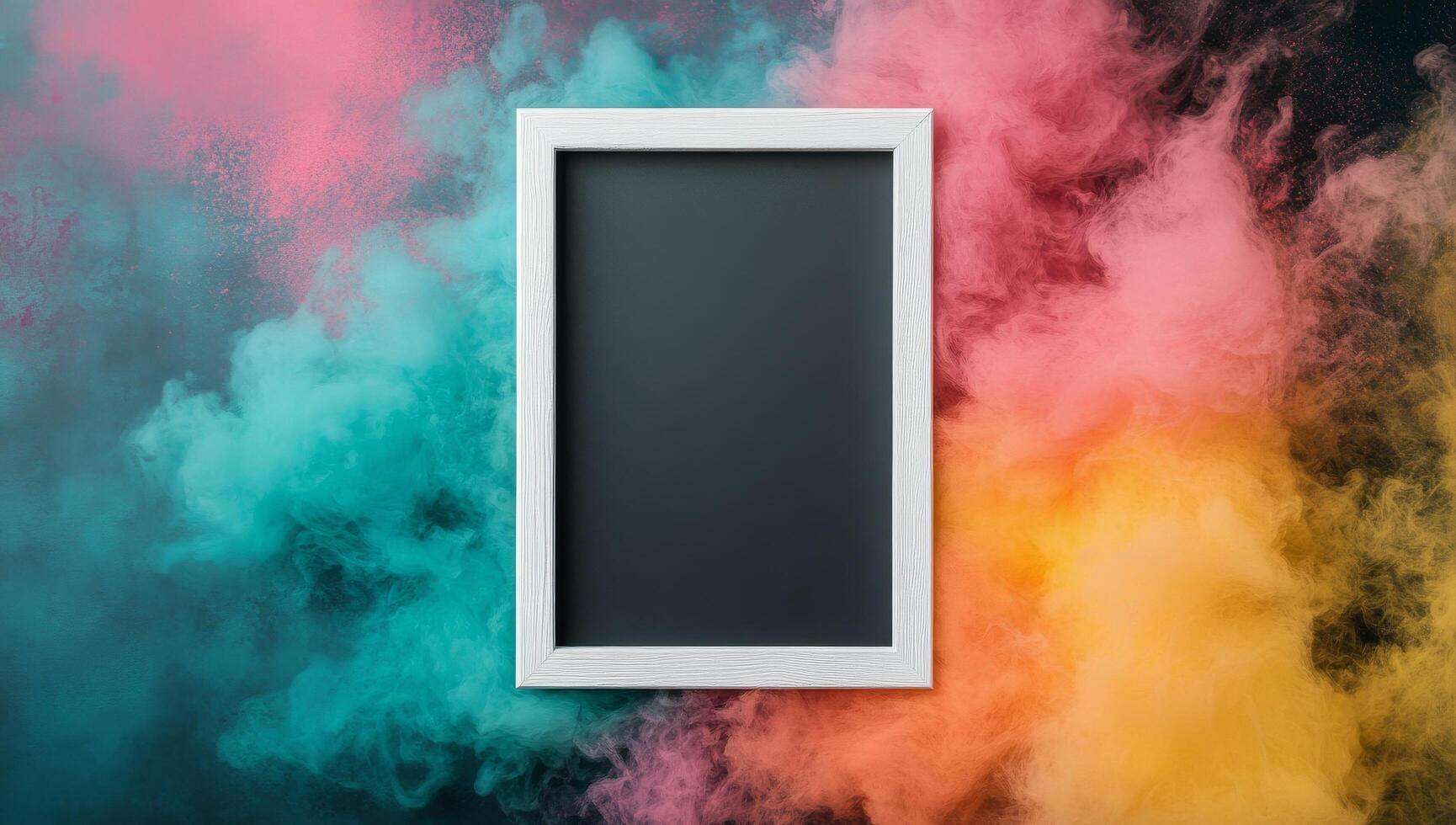 Colorful smoke background with empty frame for creative display photo