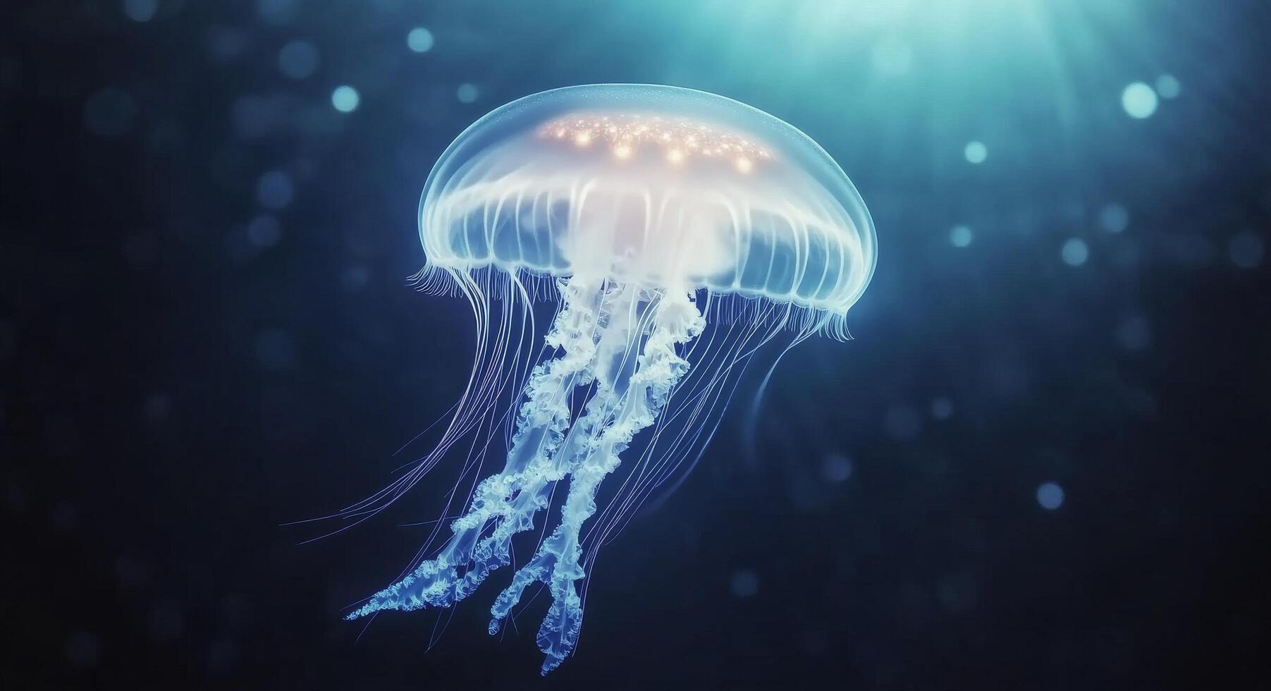 A jellyfish gracefully swims in deep blue waters with bubbles surrounding it photo