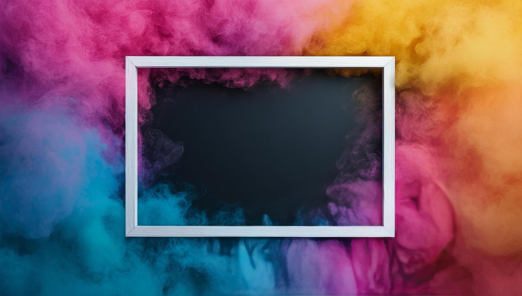 Colorful smoke background with empty frame for creative display photo