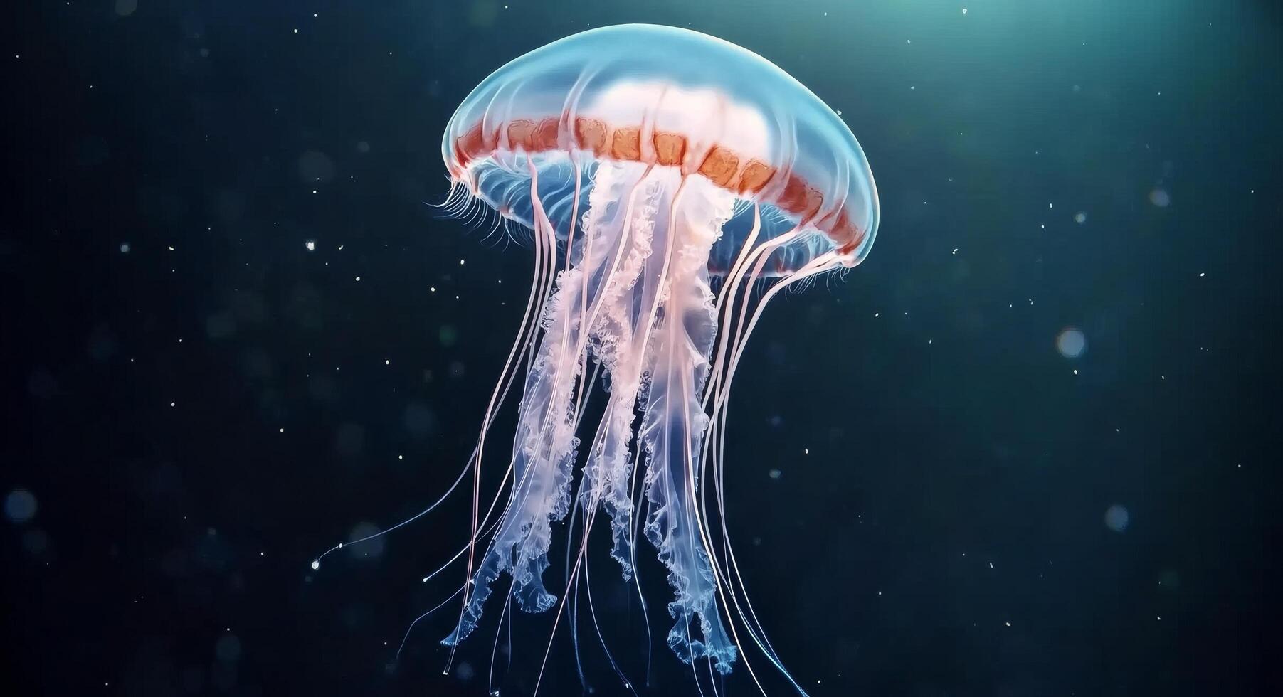 A jellyfish gracefully swims in deep blue waters with bubbles surrounding it photo