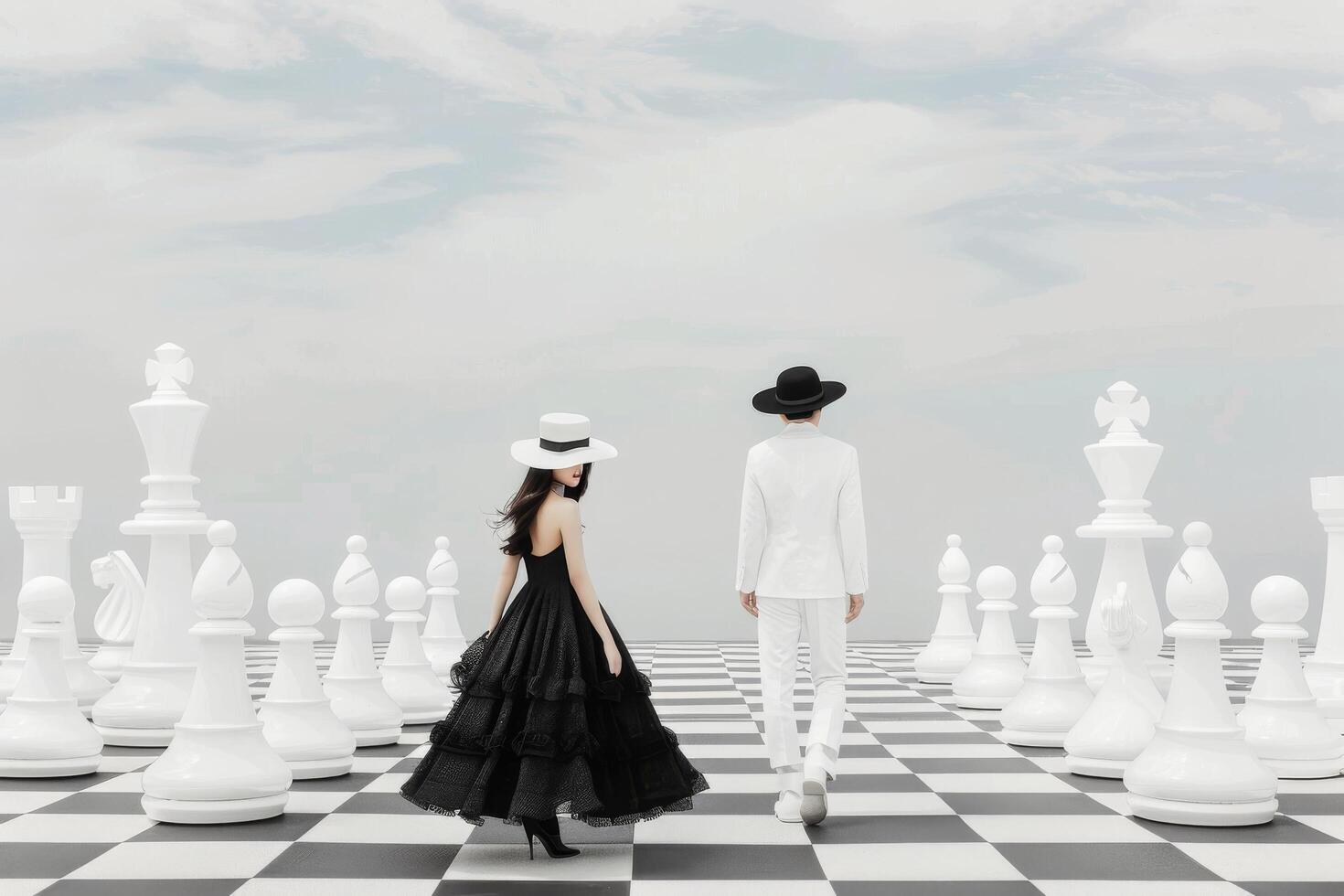 Elegant Models in Black and White Fashion Among Giant Chess Pieces photo
