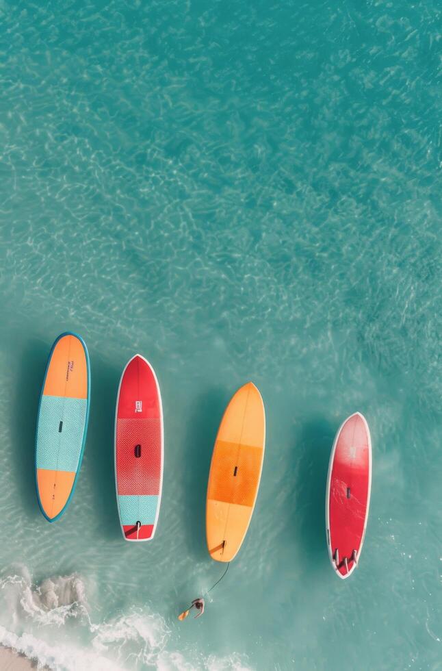 Colorful Paddleboards Lined Up on Clear Tropical Water at Sunny Beach photo