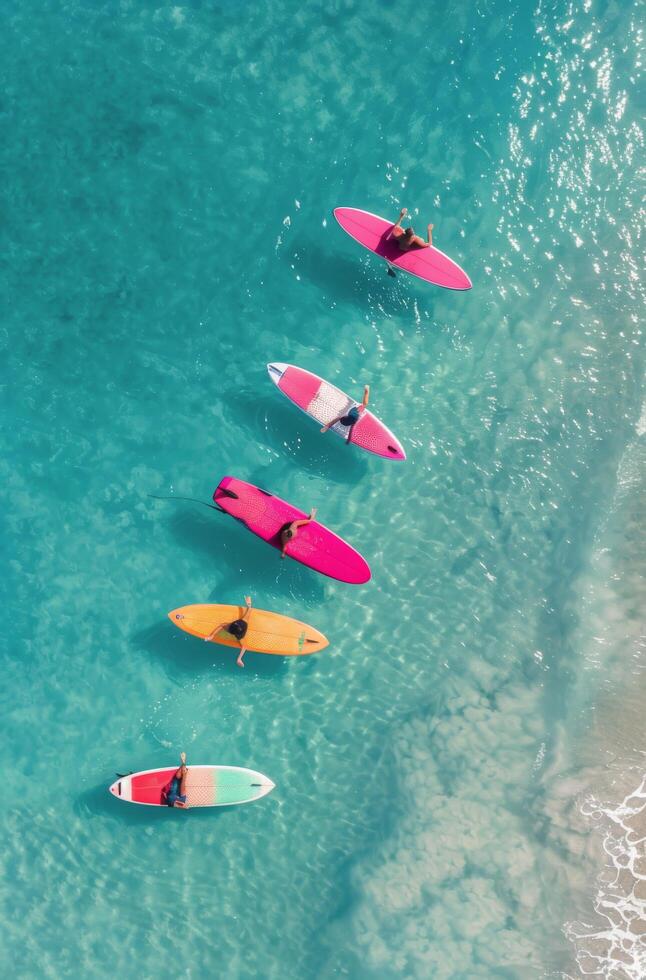 Colorful Paddleboards Lined Up on Clear Tropical Water at Sunny Beach photo