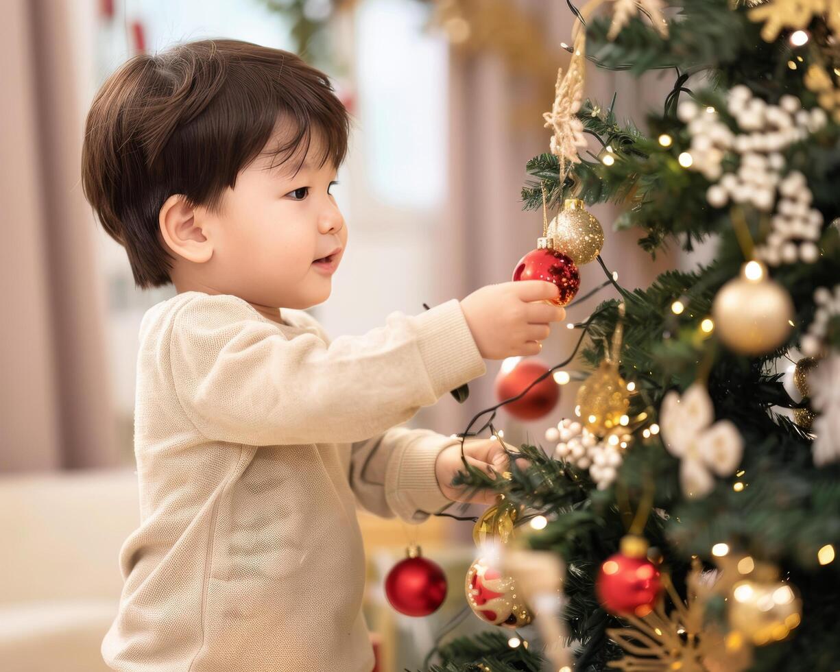 Toddler Decorating Christmas Tree With Ornaments in Cozy Living Room photo