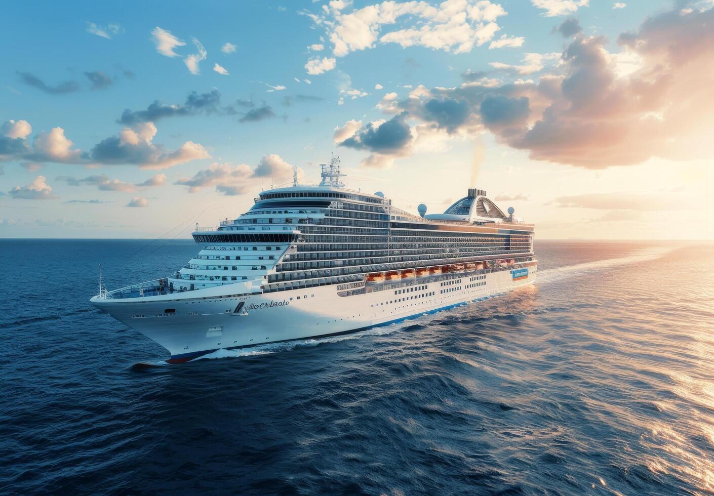 Luxury Cruise Ship Sailing on Open Ocean Under Bright Blue Sky photo