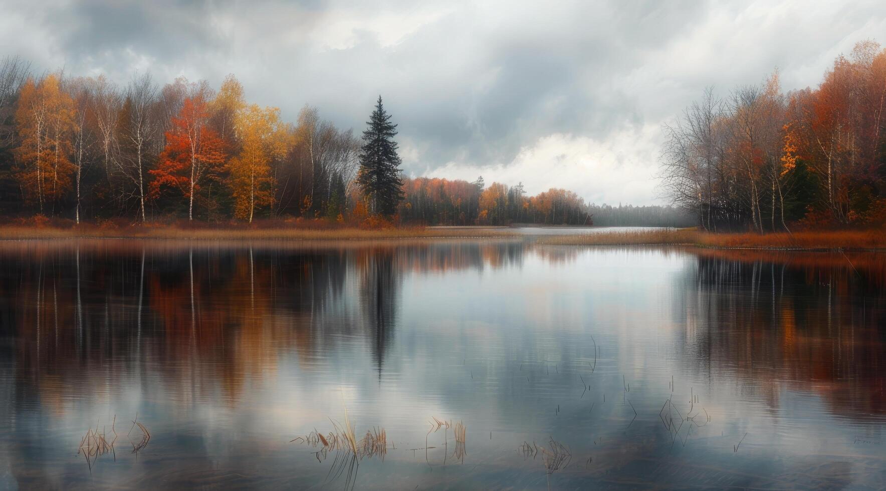 Autumn Reflections Over Tranquil Lake Surrounded by Colorful Foliage in a Cloudy Setting photo