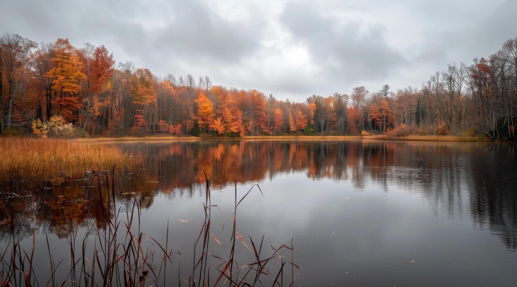 Autumn Reflections Over Tranquil Lake Surrounded by Colorful Foliage in a Cloudy Setting photo