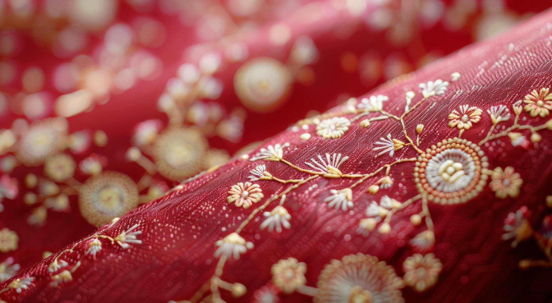 Intricate Floral Embroidery on Richly Colored Fabric Rolls in Soft Light photo
