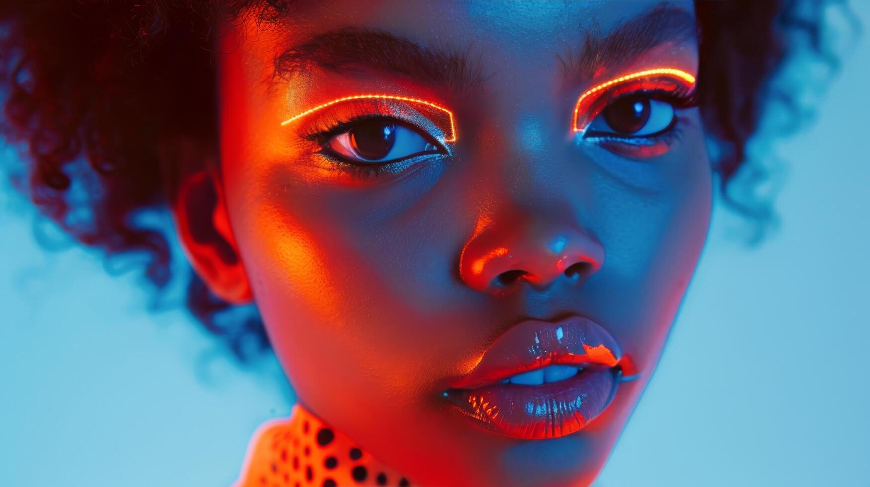 Portrait of a Model With Neon Makeup and Vibrant Lighting in a Studio Setting photo