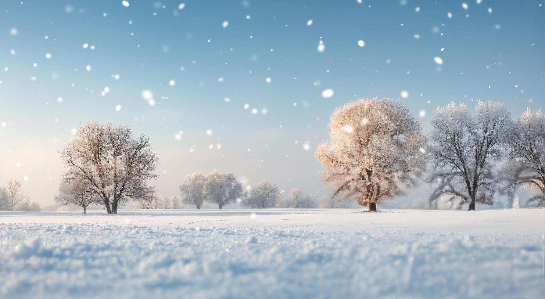 Snow-Covered Landscape With Bare Trees Under a Clear Winter Sky photo