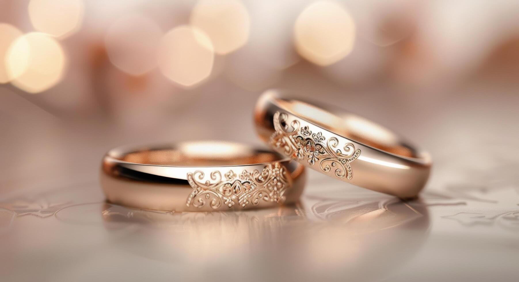 Elegant Rose Gold Wedding Bands on Soft Background With Blooms photo