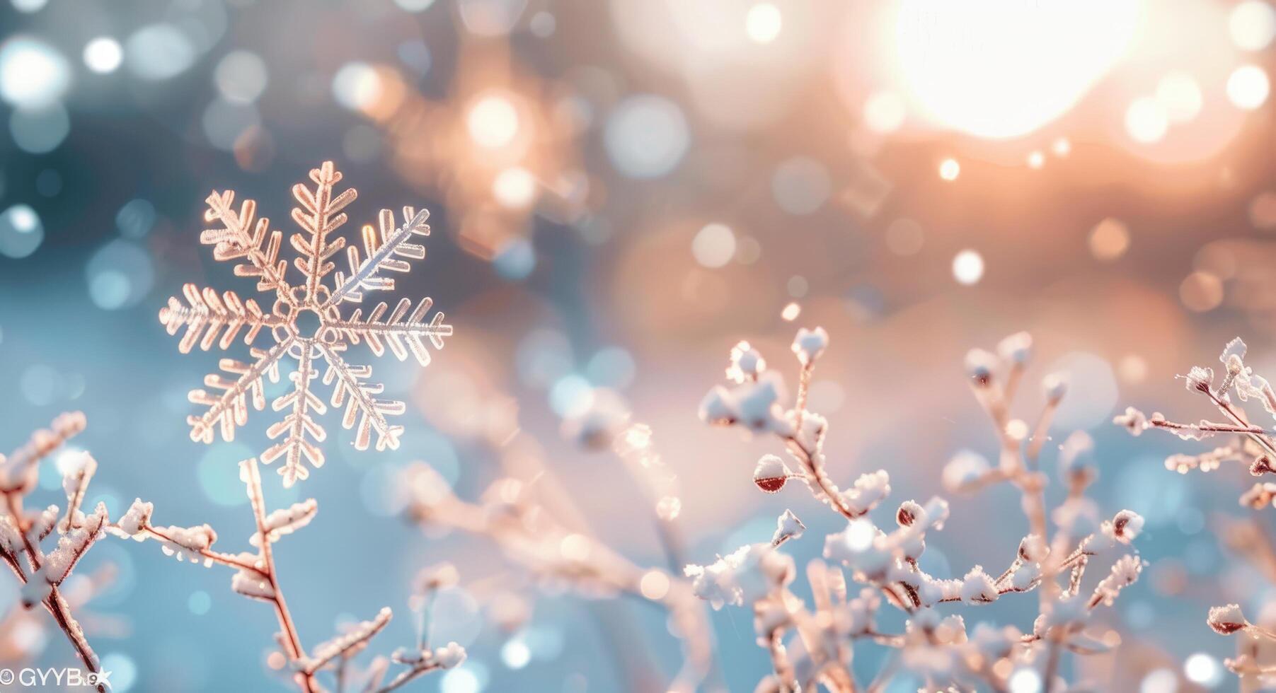 Snowflakes Glistening on Fresh Snow During Sunset in Winter Wonderland photo