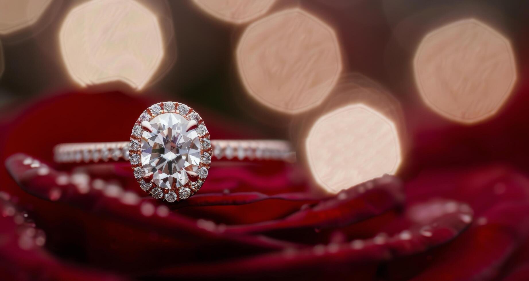 Elegant Diamond Ring Resting on Red Rose With Blurry Bokeh Background photo