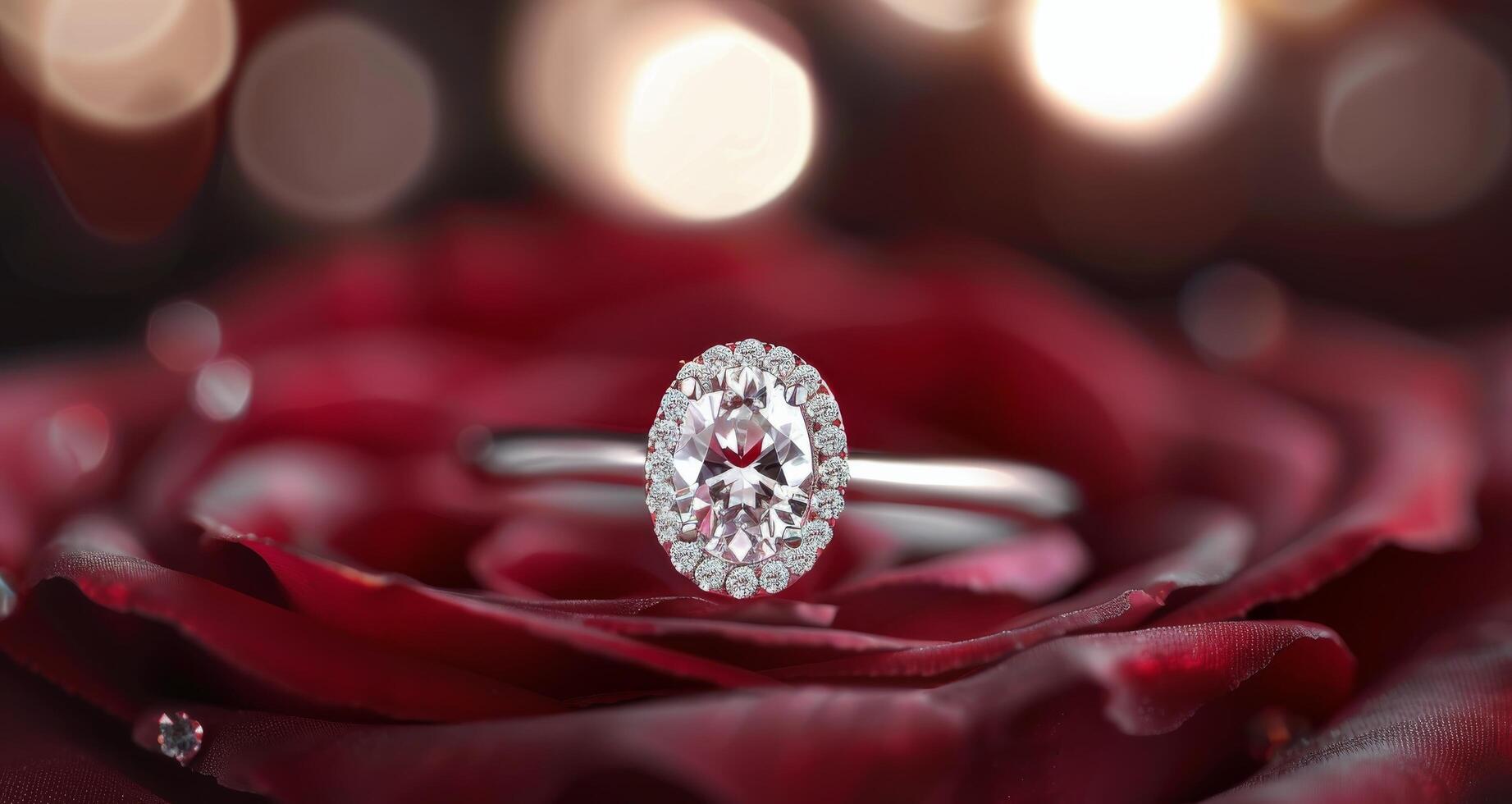 Elegant Diamond Ring Resting on Red Rose With Blurry Bokeh Background photo