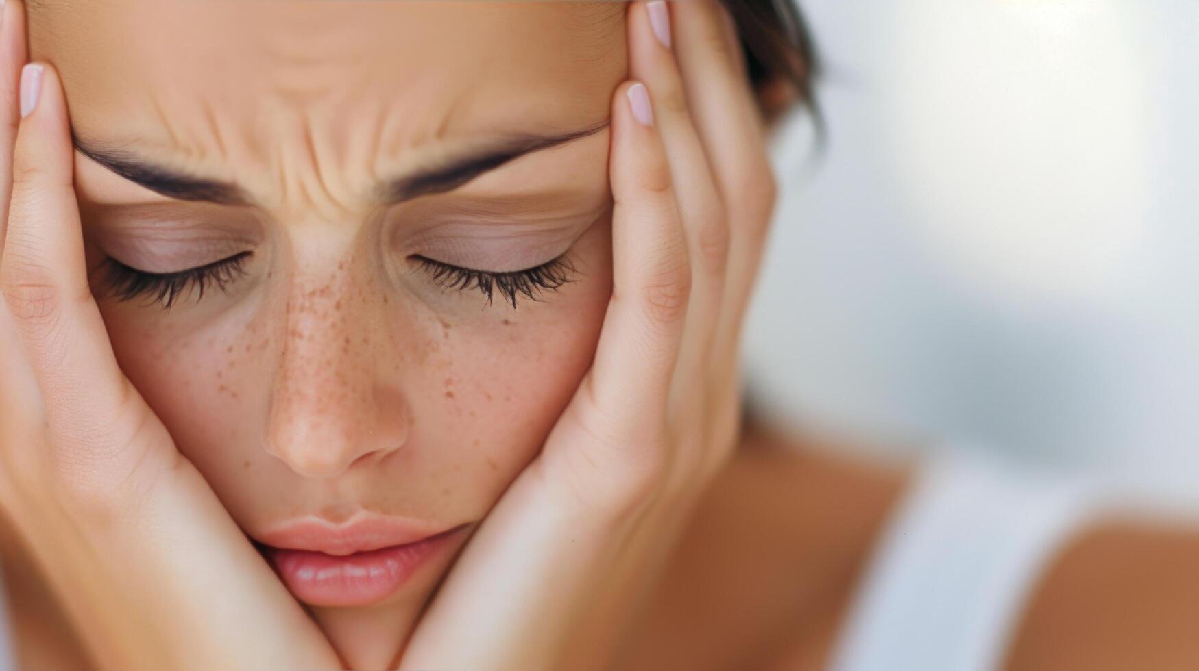 Young Woman Experiencing Stress With Hands on Face in Bright Room During Daylight photo